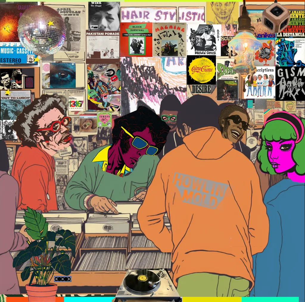 A crowded record shop: diggers bent over the crates, a Howlin Mold hoodie at the counter, the far wall papered edge to edge with sleeves.